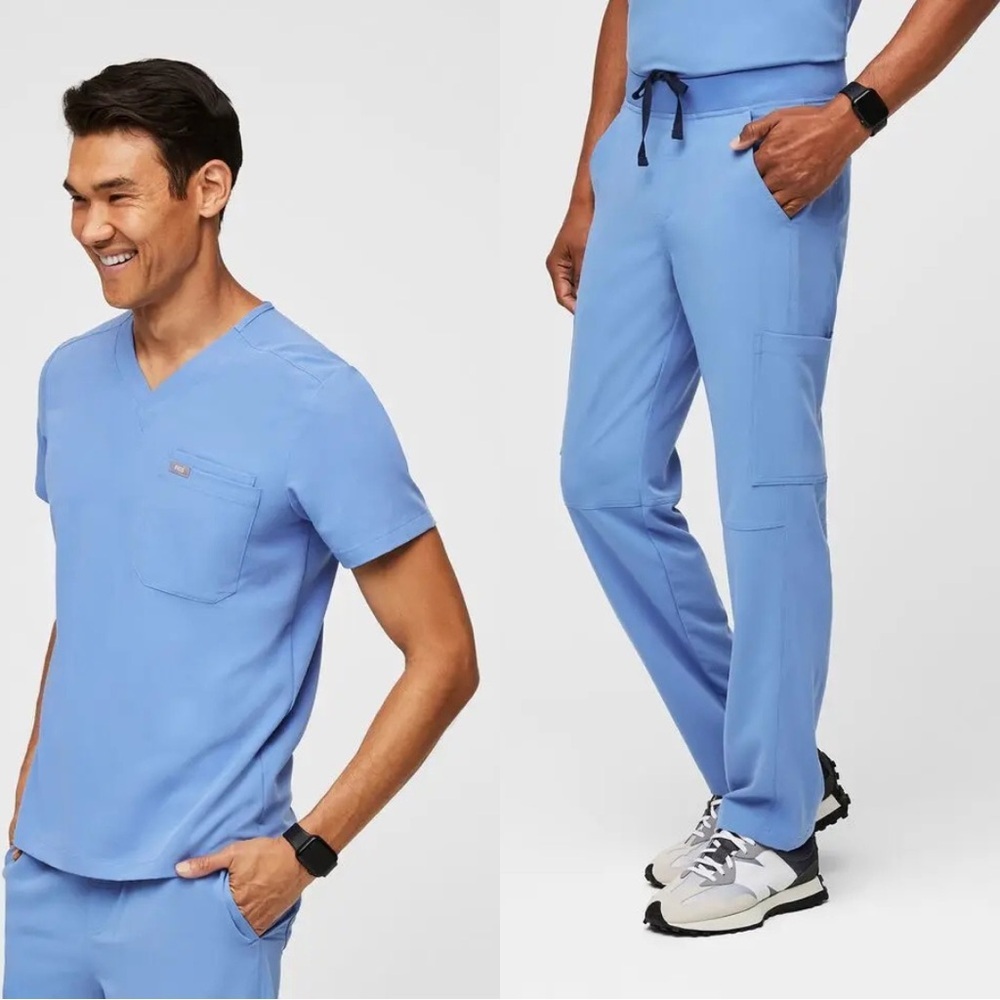Figs TALL FULL SET Ceil Blue Leon Three-Pocket Scrub Top Axim Cargo Pants Small